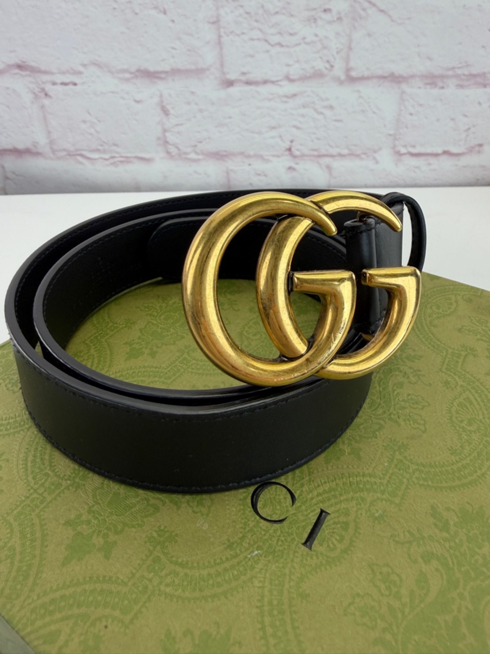 Authentic Gucci Slim Leather Marmont Gg Double Mens Belt Black 80/32” 414516